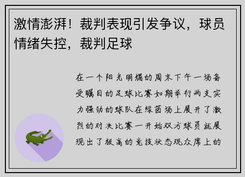 激情澎湃！裁判表现引发争议，球员情绪失控，裁判足球
