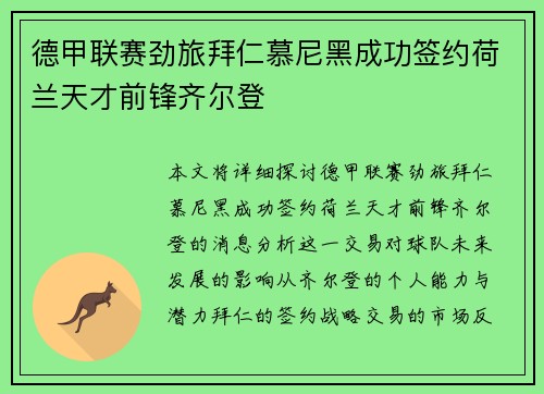 德甲联赛劲旅拜仁慕尼黑成功签约荷兰天才前锋齐尔登